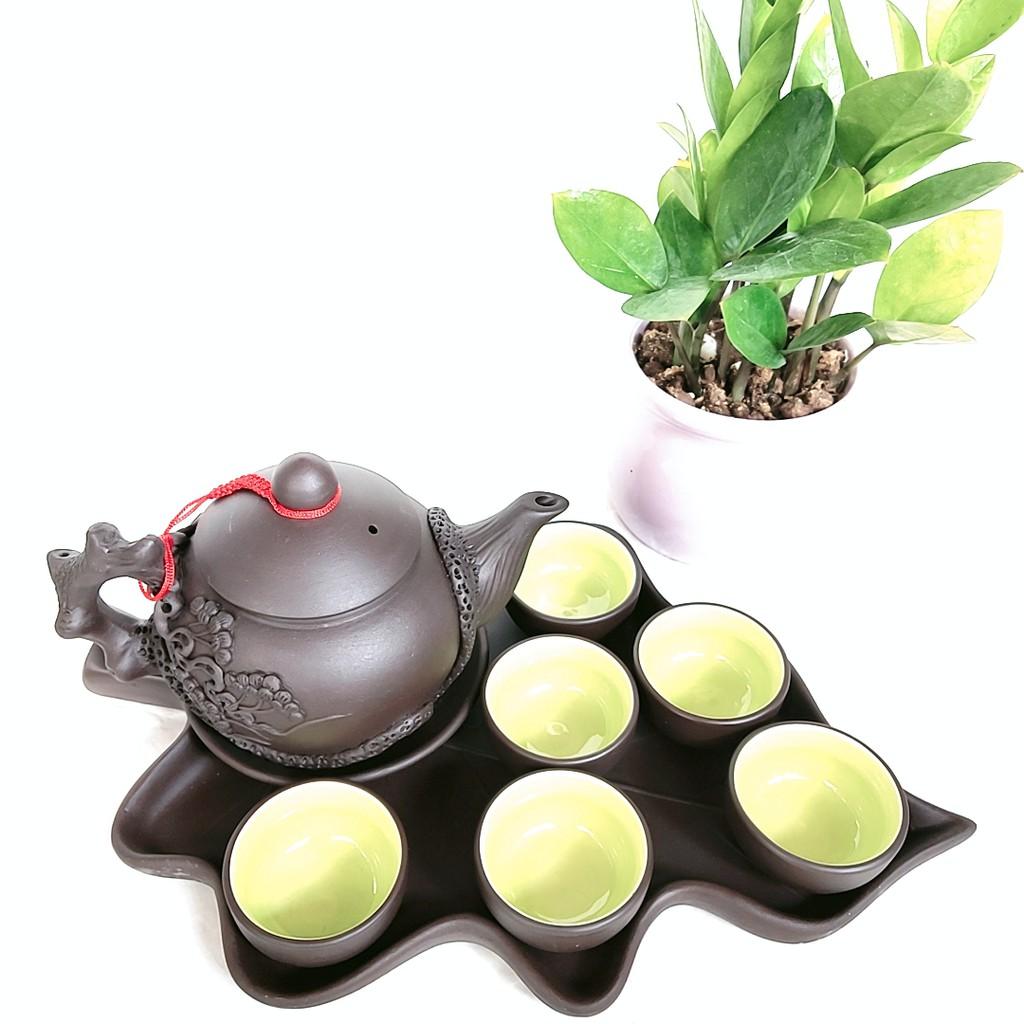 Bộ ấm trà tử sa - Bộ đắp nổi khay hình lá cỡ to - Dung tích 650 ml