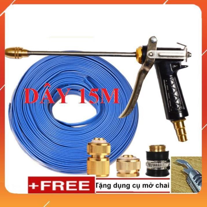 Bộ dây vòi xịt bơm nước tưới rửa , tăng áp 3 lần, loại 15m 206318 đầu đồng,cút đồng+ mở chai