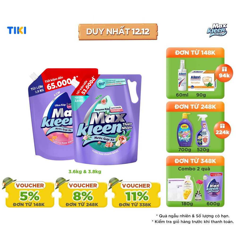 Combo Túi Nước Giặt Xả MaxKleen Thiên Nhiên 3.6kg + Túi Hoa Nắng 3.8kg