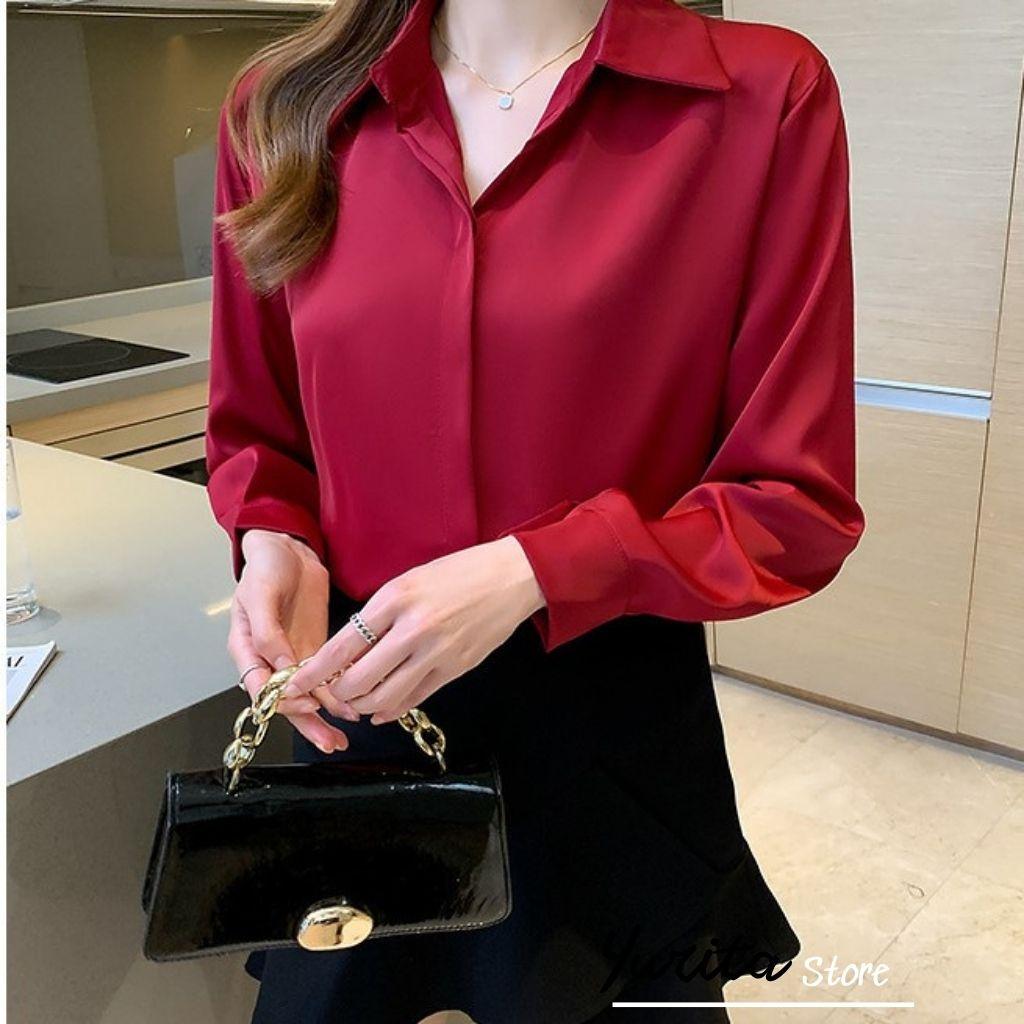 Áo Sơ Mi Nữ Công Sở Màu Đỏ Đô Cổ ĐứcYURITA Kiểu Hàn Quốc Vintage Ulzzang Form Rộng Dài Tay Đẹp Chất Lụa Cao Cấp A2D