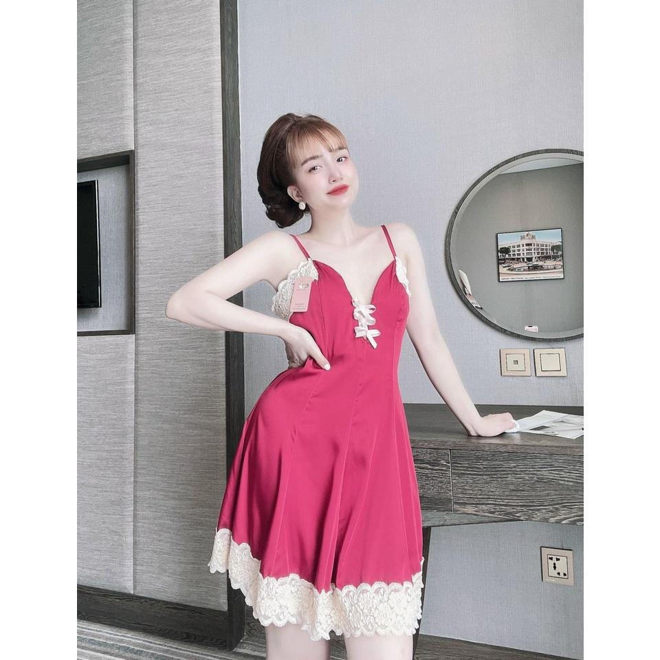 Váy ngủ 2 dây gợi cảm - Đầm ngủ sexy phối ren kèm quần dây thắt nơ trước ngực