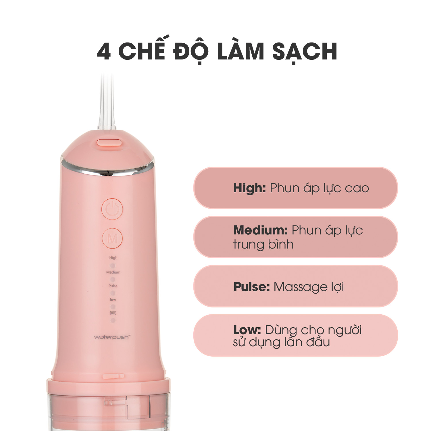 Máy Tăm Nước Du Lịch WaterPush 1903 màu Hồng - Bình chứa nước Siêu Lớn - Áp Suất Nước Tiêu Chuẩn Đẩy Bay Mảng Bám