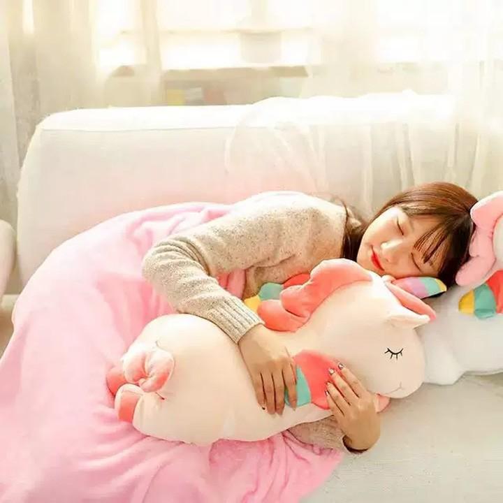 Bộ Chăn Gối Văn Phòng 3in1 (Gấu Bông Có Mền) ngựa kỳ lân Unicorn 60cm (Tặng Kèm 1 Ví Da 12 Ngăn Đựng Thẻ ATM, Card Visit)