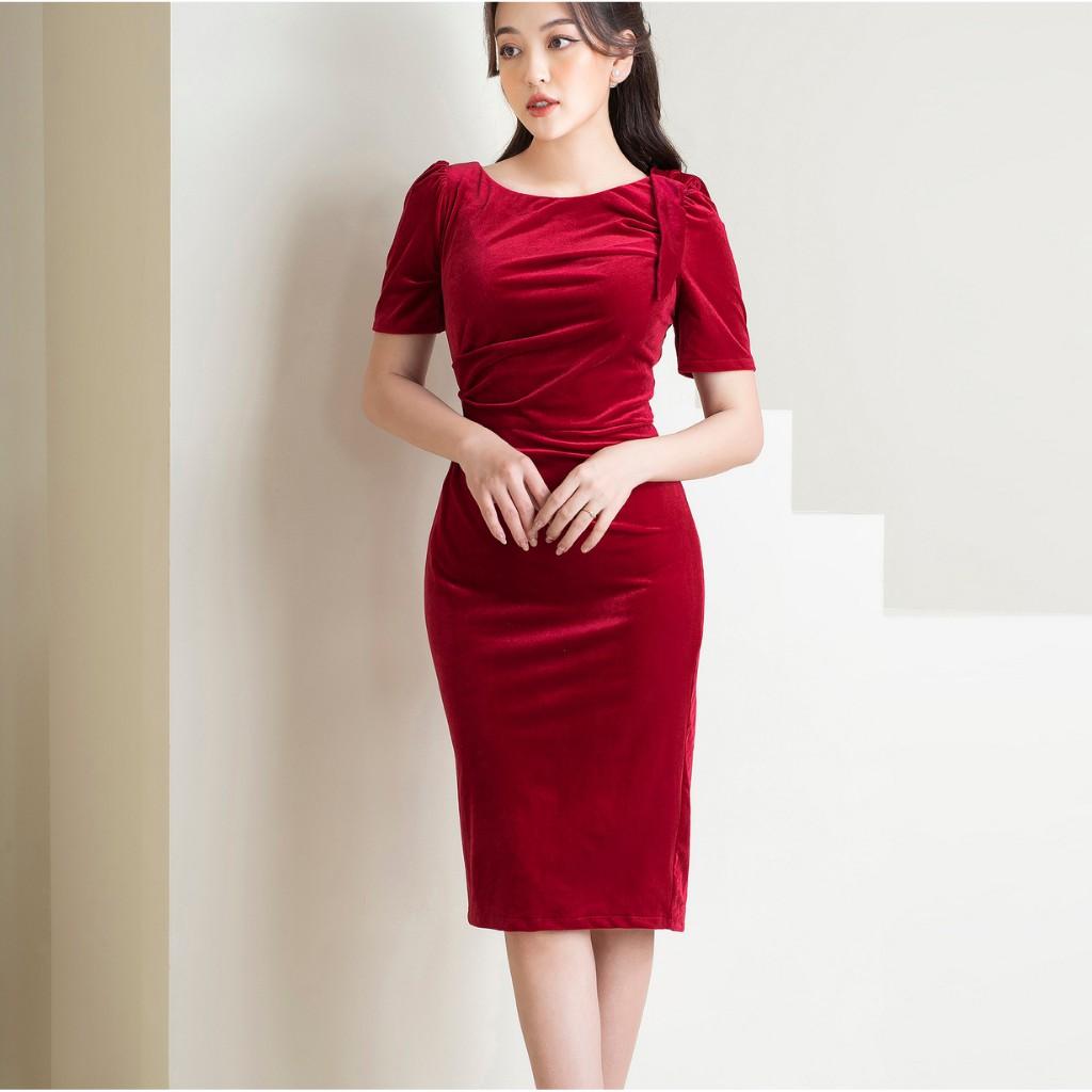 Đầm Công Sở - Váy Dự Tiệc dáng body chất vải nhung cao cấp ,che bụng , gọn người Stefanie