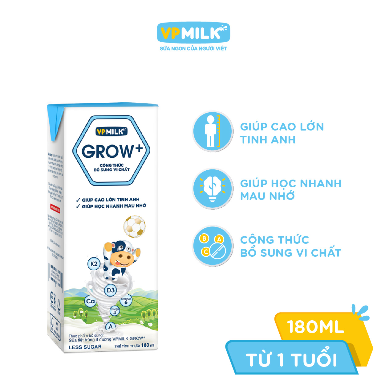 Sữa Tiệt Trùng Ít Đường VPMilk Grow+ Hộp 180ml (Thùng 48 Hộp)