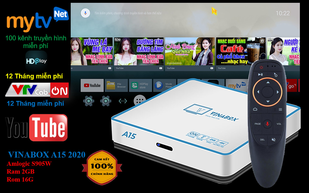 Android TV Box Vinabox A15 2020 Có Điều khiển giọng nói Ram 2G/ Rom 16G - Hàng Chính Hãng