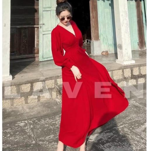 Đầm maxi dáng xòe dự tiệc cổ tim hai màu trắng đỏ tiểu thư đi biển dạo phố sang chảnh thời trang váy nữ MINH PHÚC
