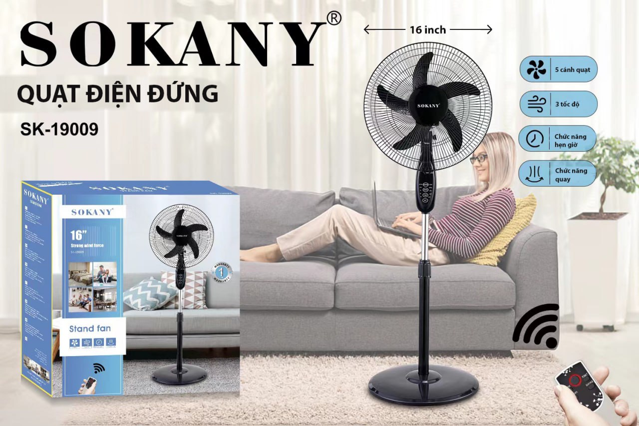 Quạt Cây Đứng SOKANY SK-19009 Có Điều Khiển Từ Xa, Thời Gian Hẹn Giờ Từ 2-8 tiếng, Động Cơ Bền Bỉ, Quạt Êm Ái - HÀNG CHÍNH HÃNG