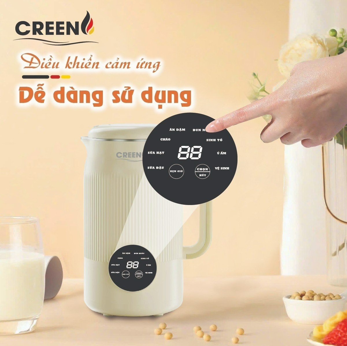 Máy làm sữa hạt mini CREEN CR-1000, dung tích 1L, 8 chức năng xay nấu, nắp chống trào, màn hình cảm ứng - Hàng chính hãng