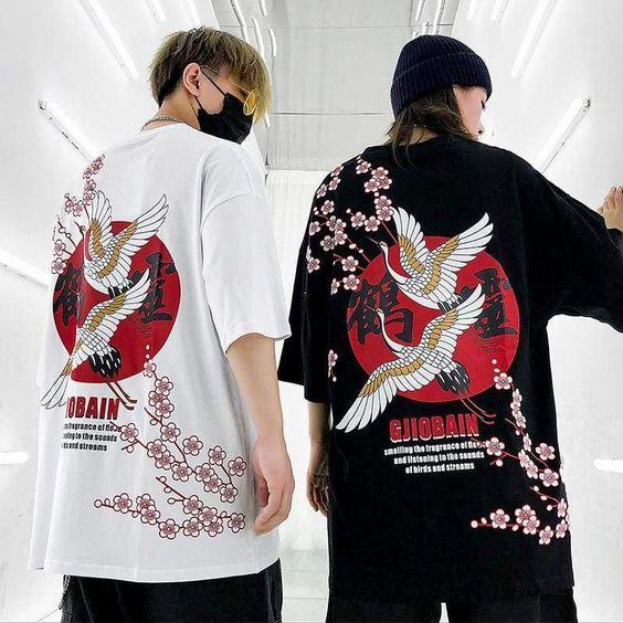 Áo thun in hình Chim Hạc hoa đào cổ trang style Unisex