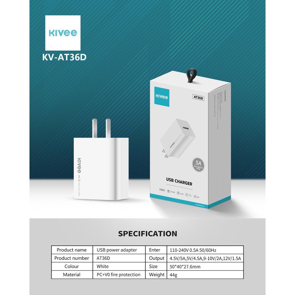 Củ Sạc Nhanh Kivee 22.5W 5A USB 100-240V cho iPhone Huawei Xiaomi Samsung OPPO vivo-Hàng chính hãng