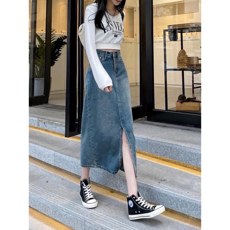 Chân váy jeans trơn basic EMIX, váy midi dáng dài, xẻ trước, cạp cao, có túi