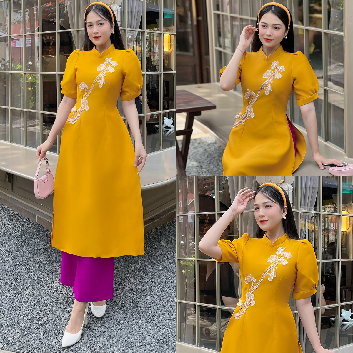 Áo dài cách tân gắn cây hoa 3D siêu dễ thương AD036 - Khánh Linh Style - Lady Fashion