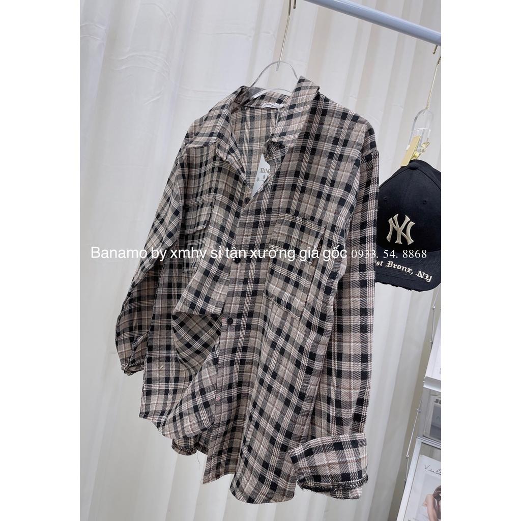 Áo sơ mi nữ form rộng tay dài kẻ caro Banamo Fashion Áo sơ mi kẻ 2 túi ngực unisex 3918