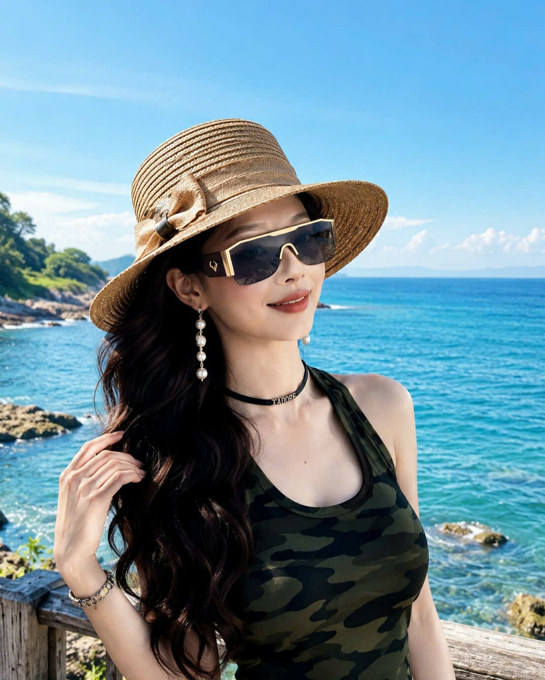 Mũ Cói Nữ Vành Rộng 6cm Phối Nơ Vải Bố Riviera, Nón Đi Biển Che Nắng Du Lịch Thời Trang Hàn Quốc dona050626