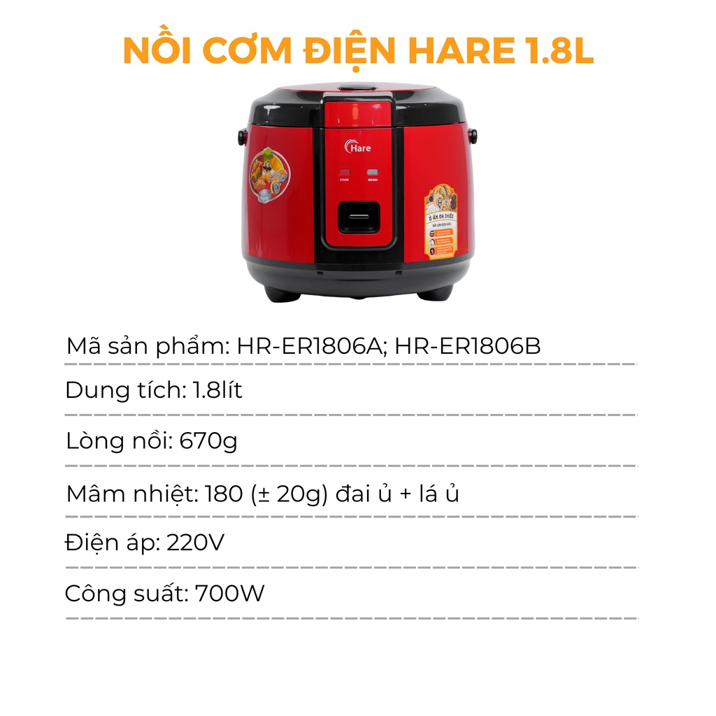 Nồi cơm điện 1.8L - hàng chính hãng thương hiệu Hare - bảo hành 12 tháng