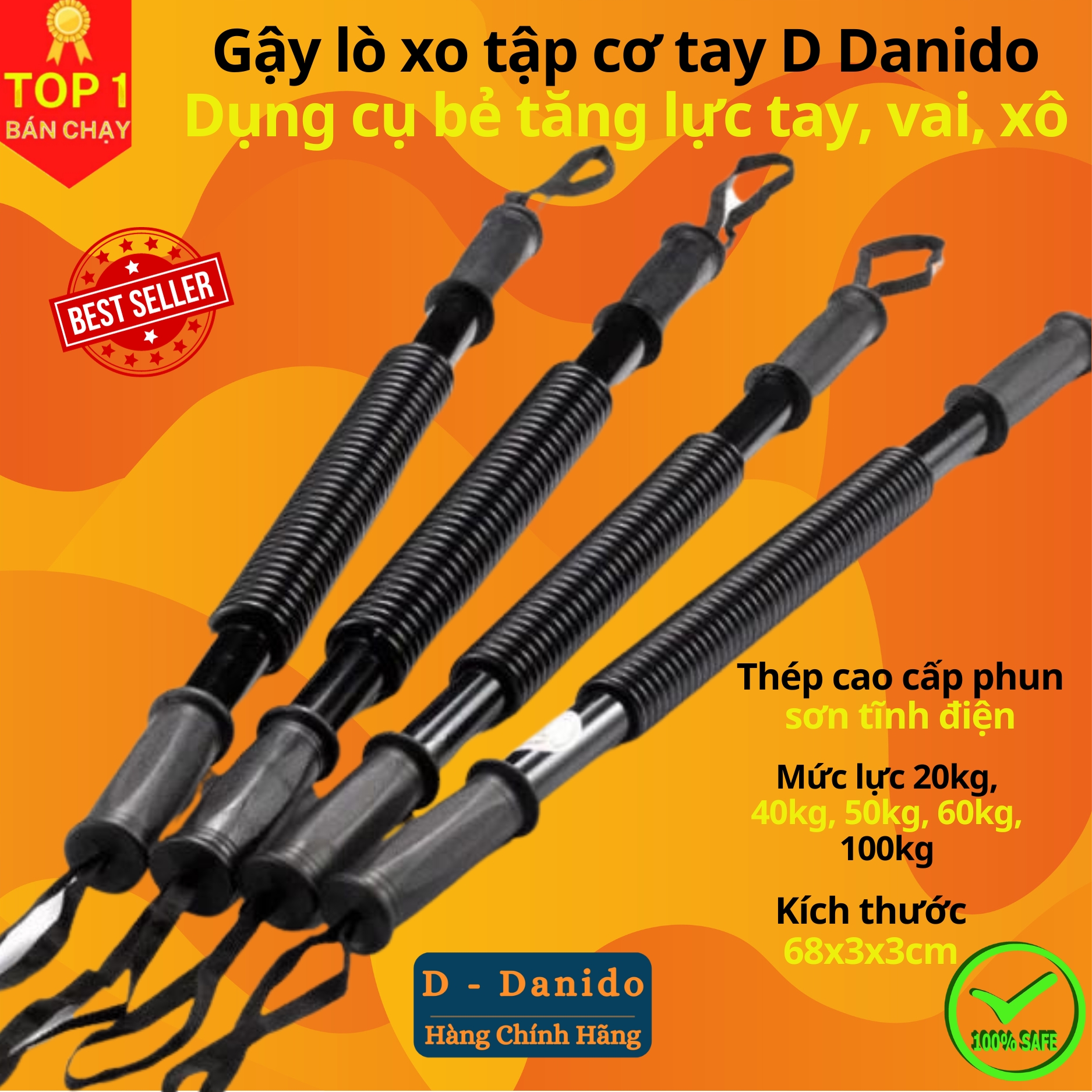 Gậy lò xo tập cơ tay D Danido dụng cụ bẻ tăng lực tay vai xô cơ ngực 40kg 50kg 60kg 100kg gym thể thao hiệu quả