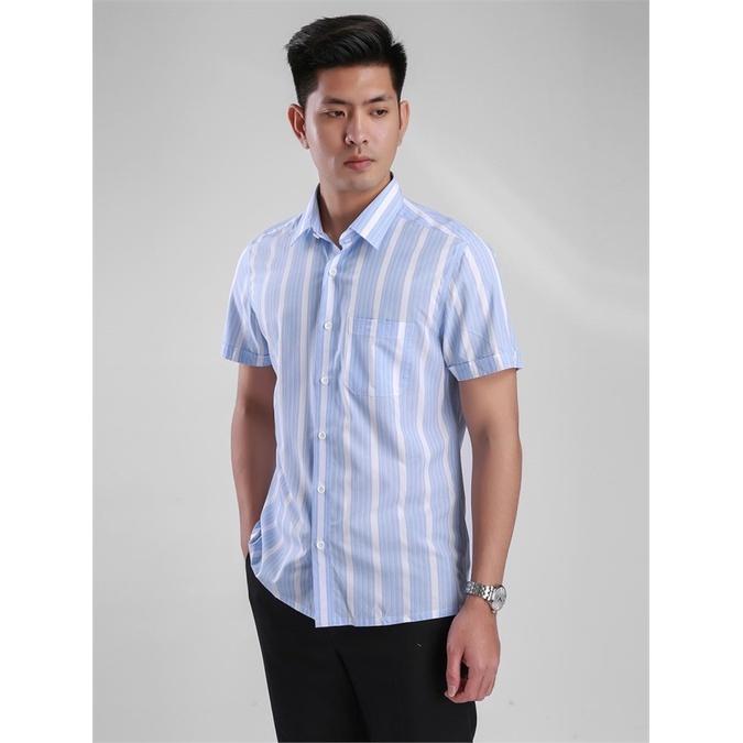 Áo sơ mi ngắn tay nam ASS204S8 phom regular fit kẻ sọc xanh có túi