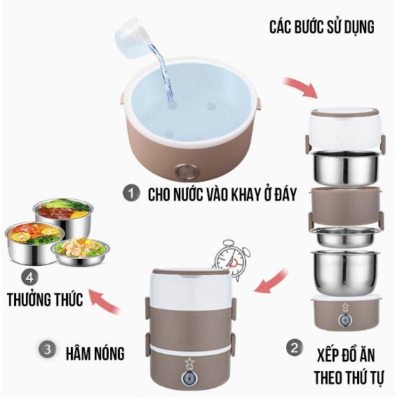 Hộp Cơm Hâm Nóng Cắm Điện 3 Tầng, Giữ Nhiệt, Hâm Nóng Nhanh Thức Ăn, Lõi Inox Cao Cấp