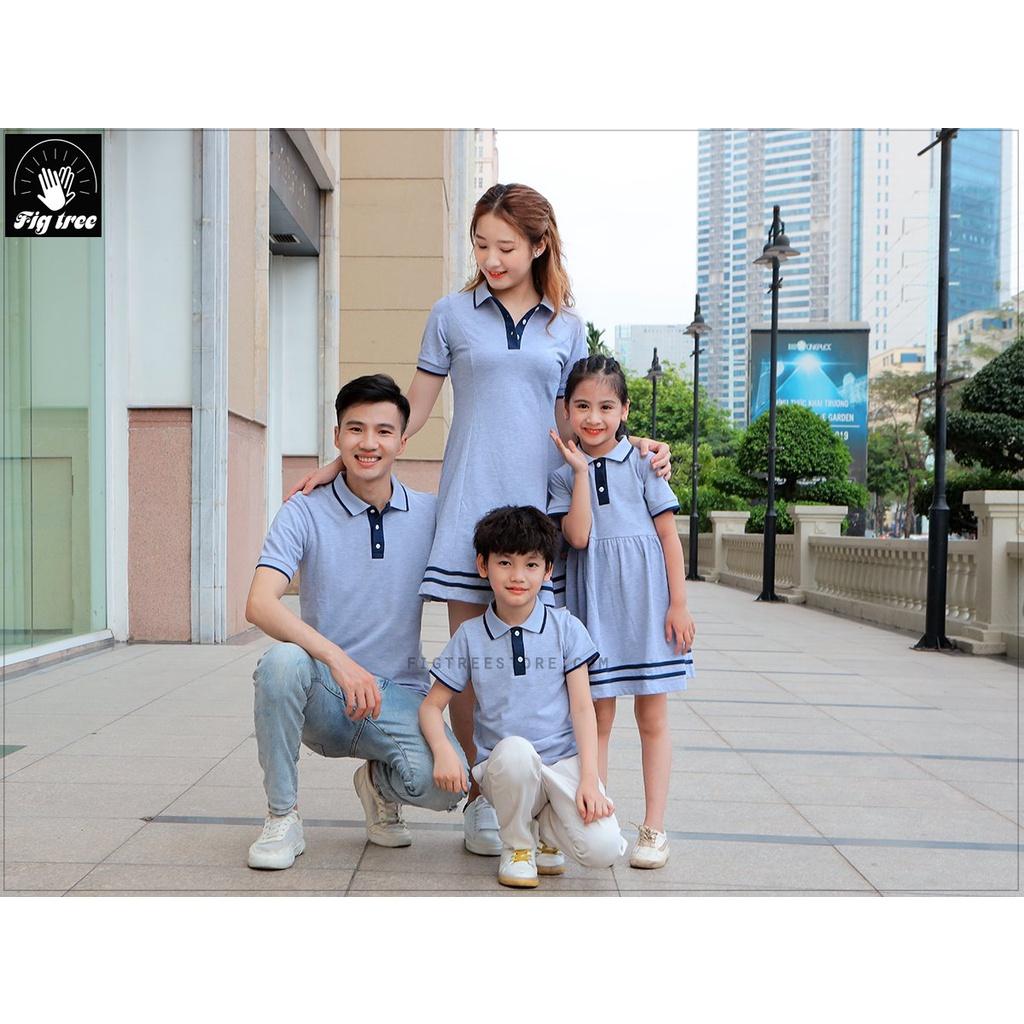 Set áo váy polo gia đình FIG TREE màu ghi xám phối cổ xanh đen siêu sang dự tiệc ( hàng thiết kế - full size)