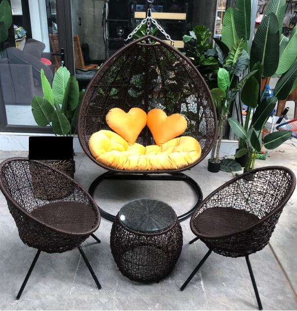 Bộ xích đu đan rối Đen cỡ nhỏ XĐ156 chất liệu khung sắt mây nhựa cao cấp juno sofa