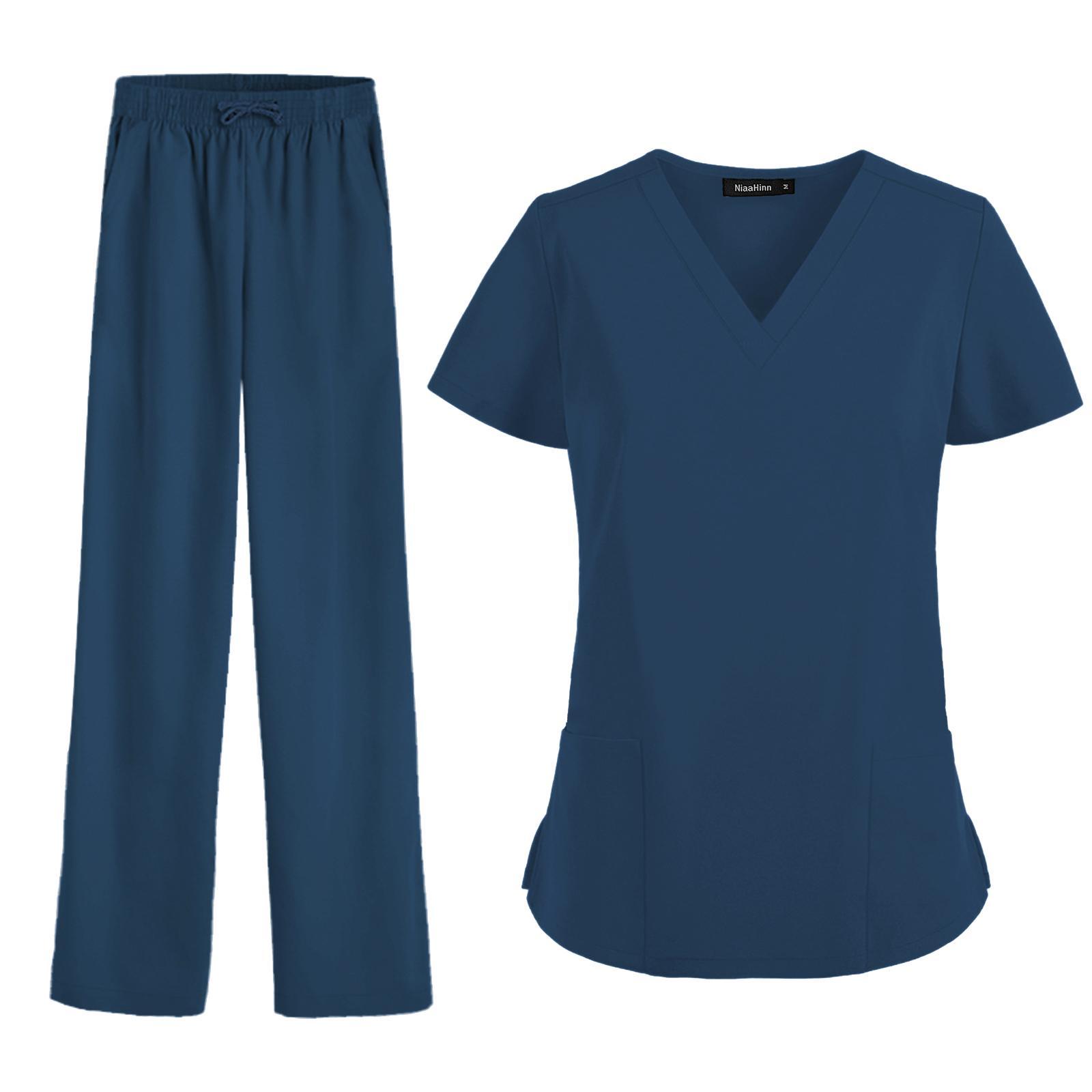Nurse Work Uniforms Workwear Women's Scrub Set, Unisex with Pockets Breathable Hospital Uniform V Neck Scrub Top and Trousers