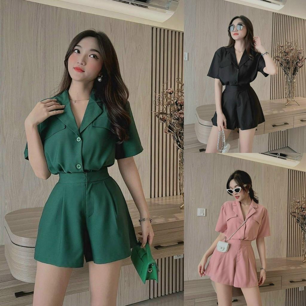Sét vest nữ ngắn tay phối quần ống rộng xinh xắn 4 màu sắc .