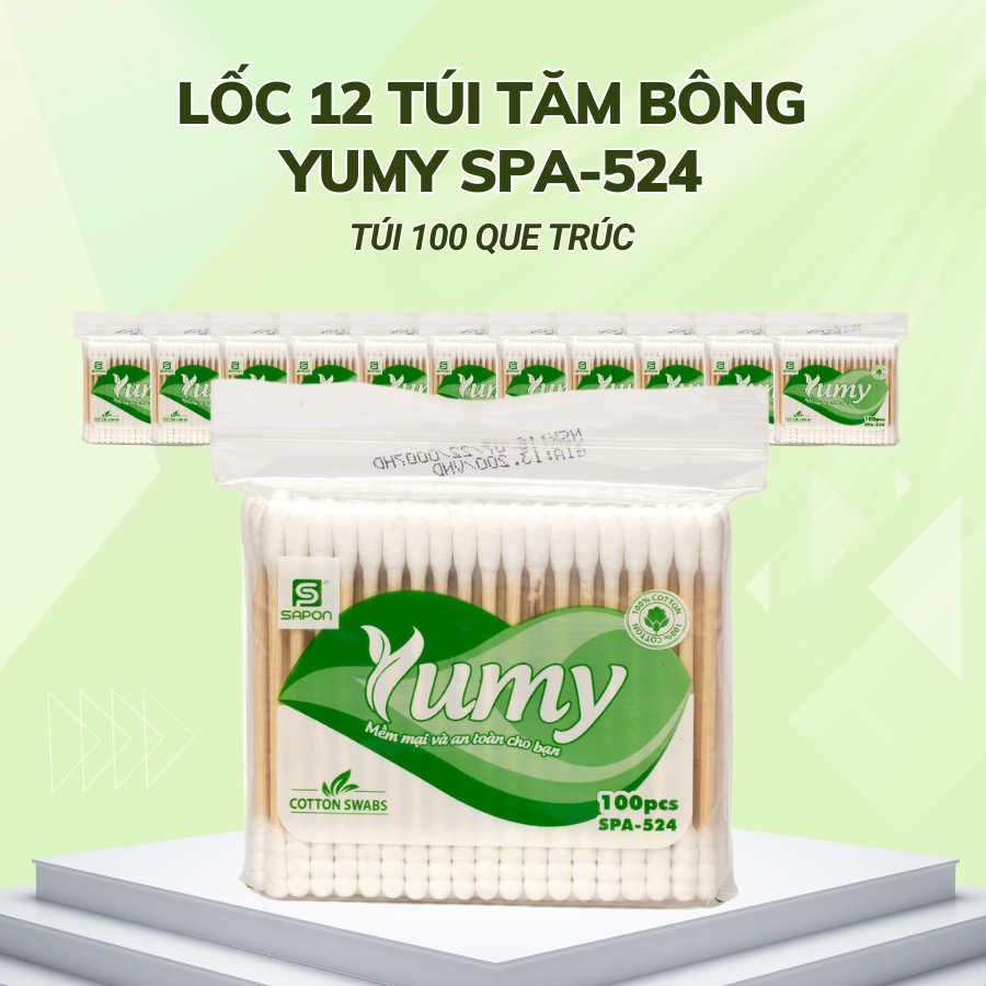 Lốc 12 gói Tăm bông Yumy người lớn thân trúc túi 100 que SPA-524