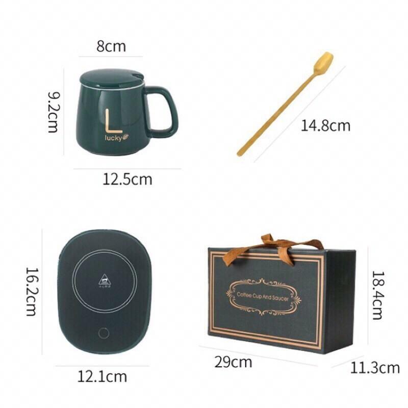 Cốc Hâm Nóng đồ uống kèm đế điện, Bộ Cốc sứ kèm đế điện hâm nóng trà, cafe, hâm sữa + Tặng kèm thìa vàng, hộp