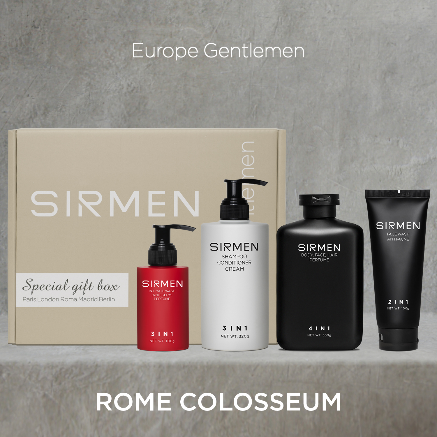 GIFTBOX combo 4 - Rome Colosseum - Sữa tắm nam - Dầu gội xả dưỡng nam - Dung dịch vệ sinh và Sữa rửa mặt nam SIRMEN