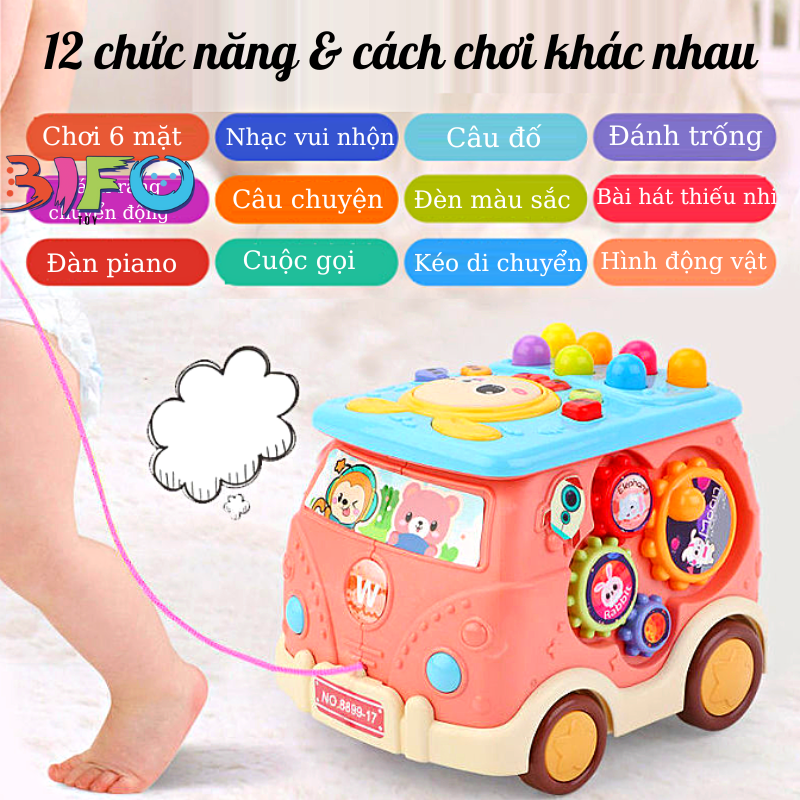 Hộp nhạc đa năng đồ chơi giáo dục sớm cho bé có hình ô tô bus và hình khối 6 mặt Đàn Trống Nhạc Xếp hình Đàn hồi Mê cung