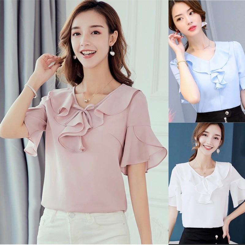 Áo sơ mi voan điệu đà nhẹ nhàng tay bèo cổ nơ công sở đi làm đi chơi  mẫu 2021