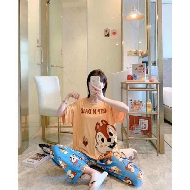 Đồ bộ nữ cộc tay mặc nhà thời trang mới nhất - Chất liệu Thun Lạnh cao cấp Đồ bộ thun quần dài, đồ mặc ở nhà Quảng Châu, họa tiết hoạt hình dễ thương