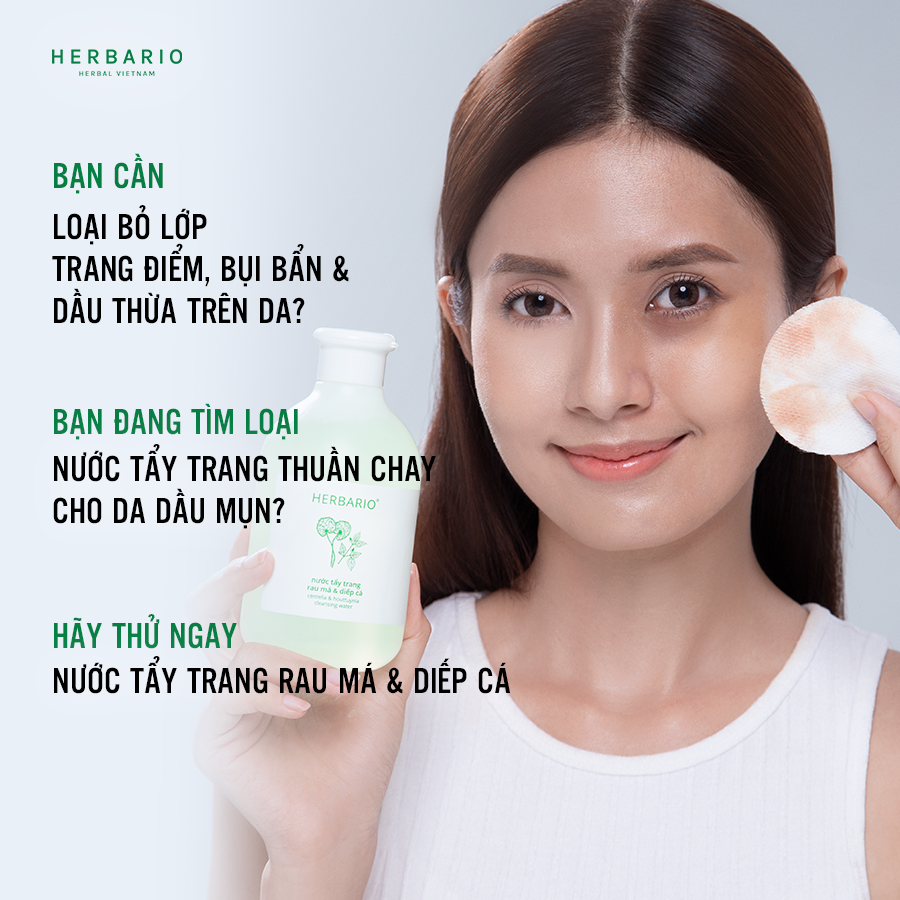 Nước tẩy trang rau má &amp; diếp cá Herbario 300ml làm sạch sâu dịu nhẹ thuần chay