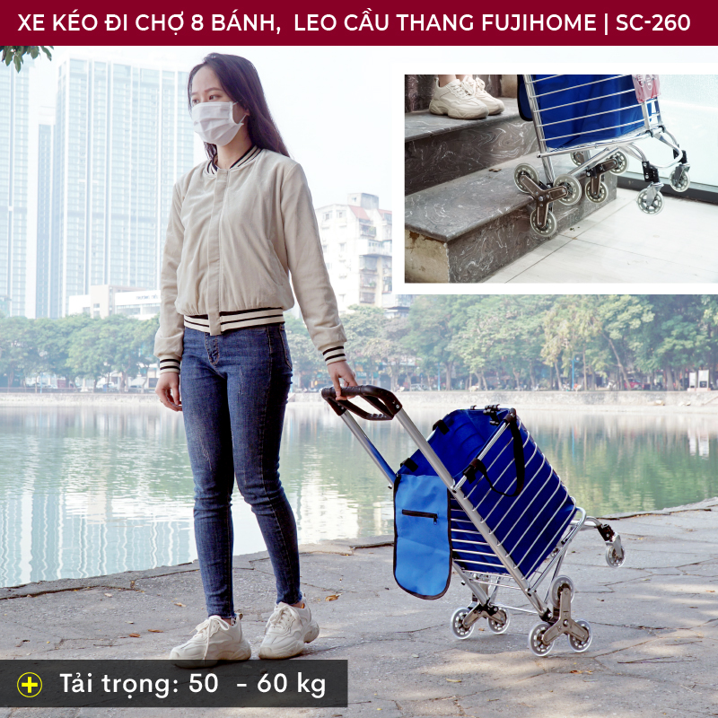 Xe kéo đi chợ, leo cầu thang FUJIHOME SC-260 tải trọng 50-60kg, Thiết kế cực kì chắc khoẻ giúp xe vận hành cực kì êm ái và bền bỉ