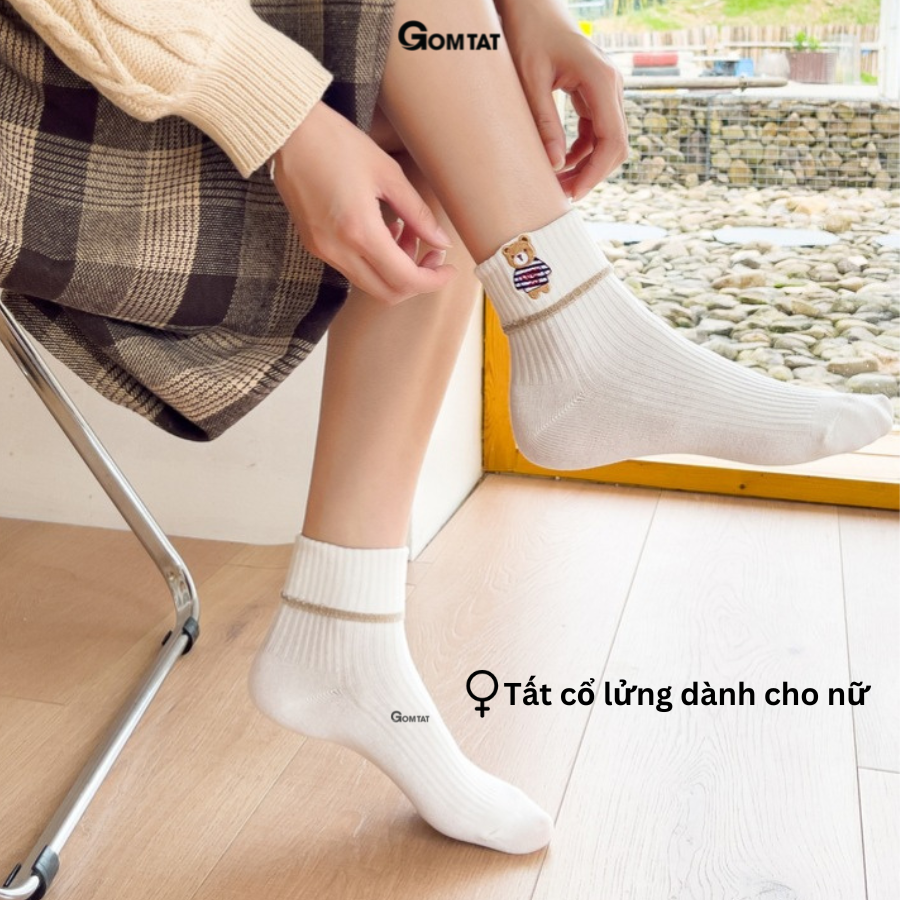 Set 5 đôi tất vớ nữ cổ trung GOMTAT cao cấp mẫu cổ gập hình gấu, chất liệu dày dặn thoáng khí - LISU21-CAOCAP-GAUCOGAP