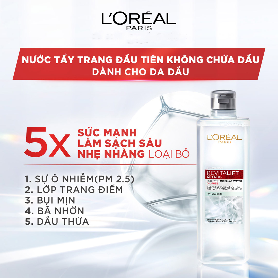 Nước Tẩy Trang L'Oreal Làm Sạch Sâu Cho Da Dầu Revitalift Crystal Purifying Micellar Water 400ml