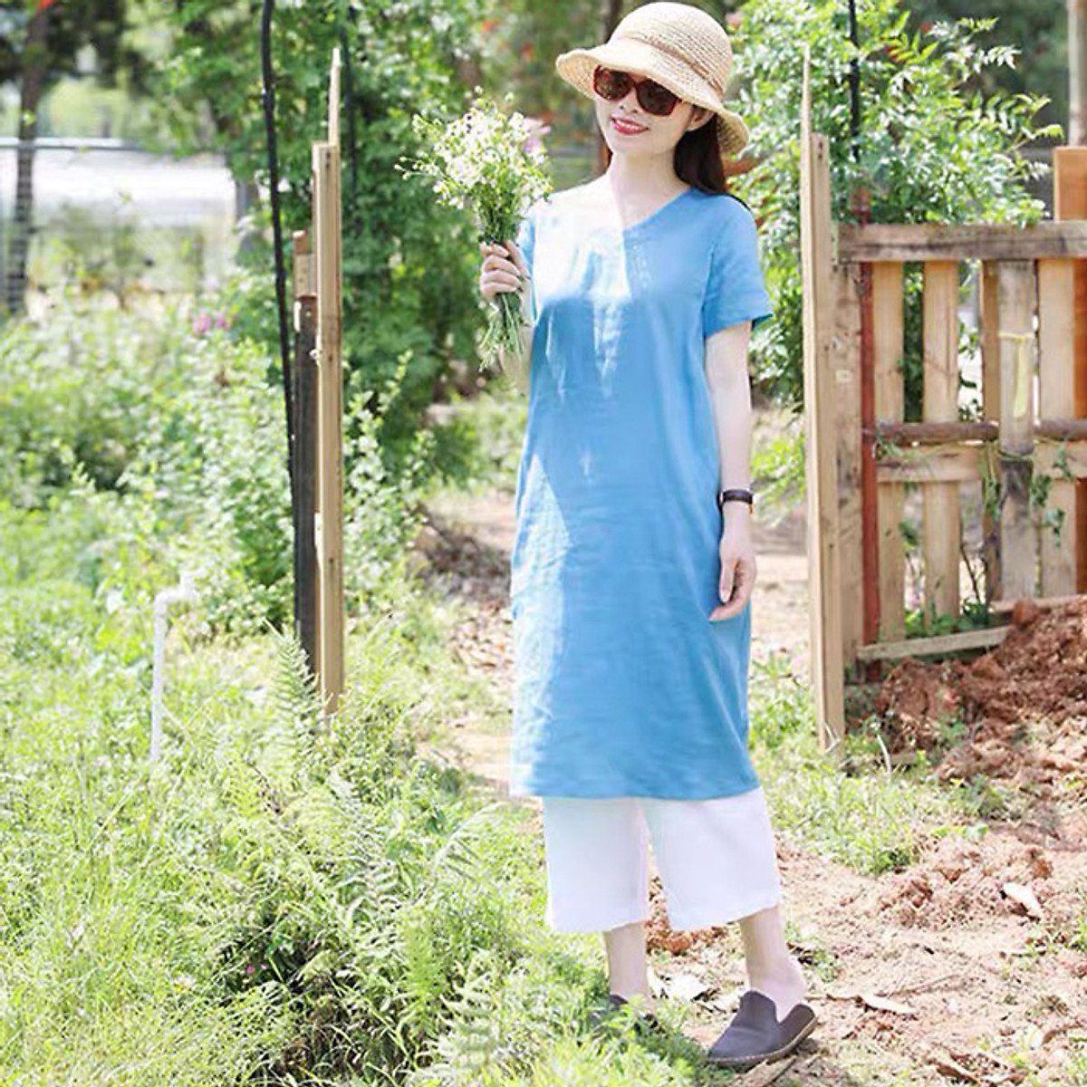 Sét Đầm Suông Linen ngắn tay cồ tim kèm Quần ống rộng ArcticHunter