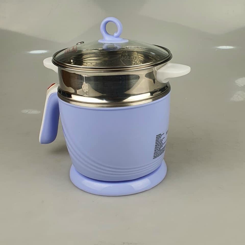 Ca nấu lẩu, nấu mì đa năng mini có tầng hấp Greencook 600W, dung tích 1.2L-Hàng chính hãng