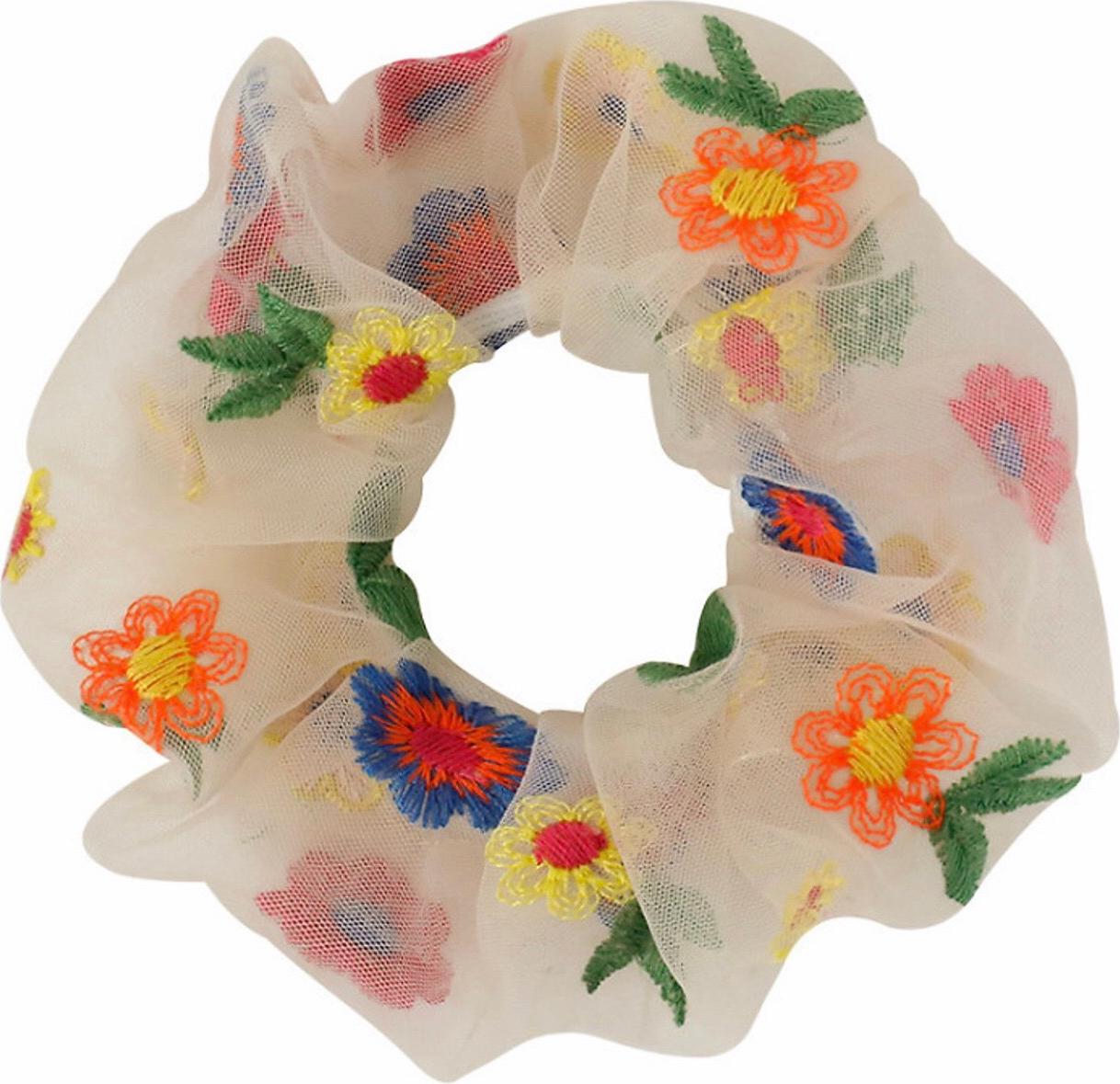 Dây buộc tóc thêu hoa ngũ sắc tinh tế vòng lớn Scrunchies ( tặng kèm kẹp tóc ngẫu nhiên )