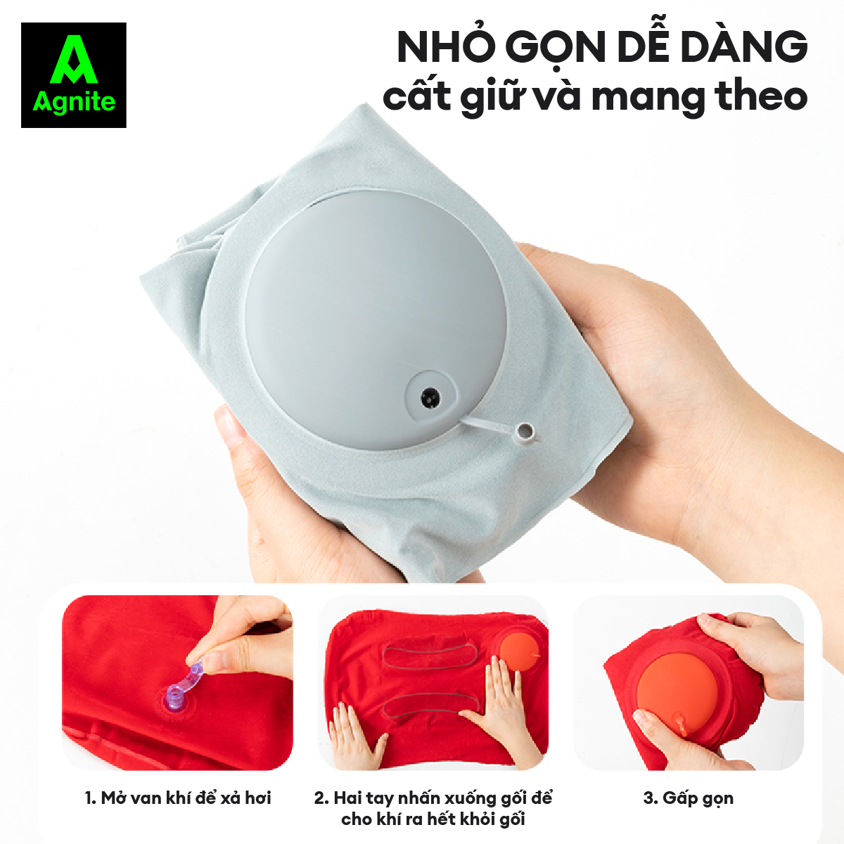 Gối hơi văn phòng gấp gọn tự bơm Agnite, gối hơi du lịch, nhỏ gọn tiện lợi, dễ dàng sử dụng, màu sắc đa dạng - VS4041