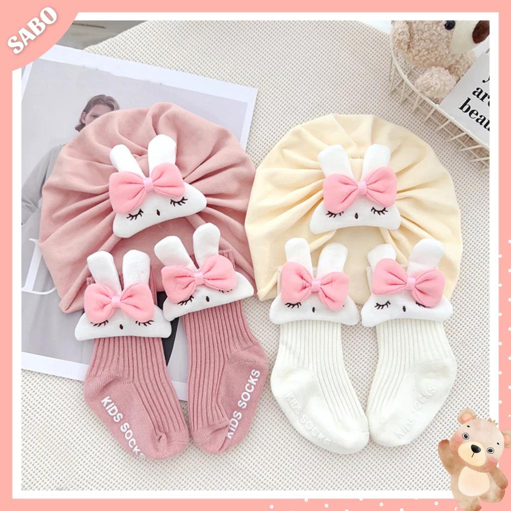 Set Mũ Nón Turban Kèm Vớ Cao Cổ Có Chống Trượt Đính Hình Dễ Thương Cho Bé Gái - Chicbaby