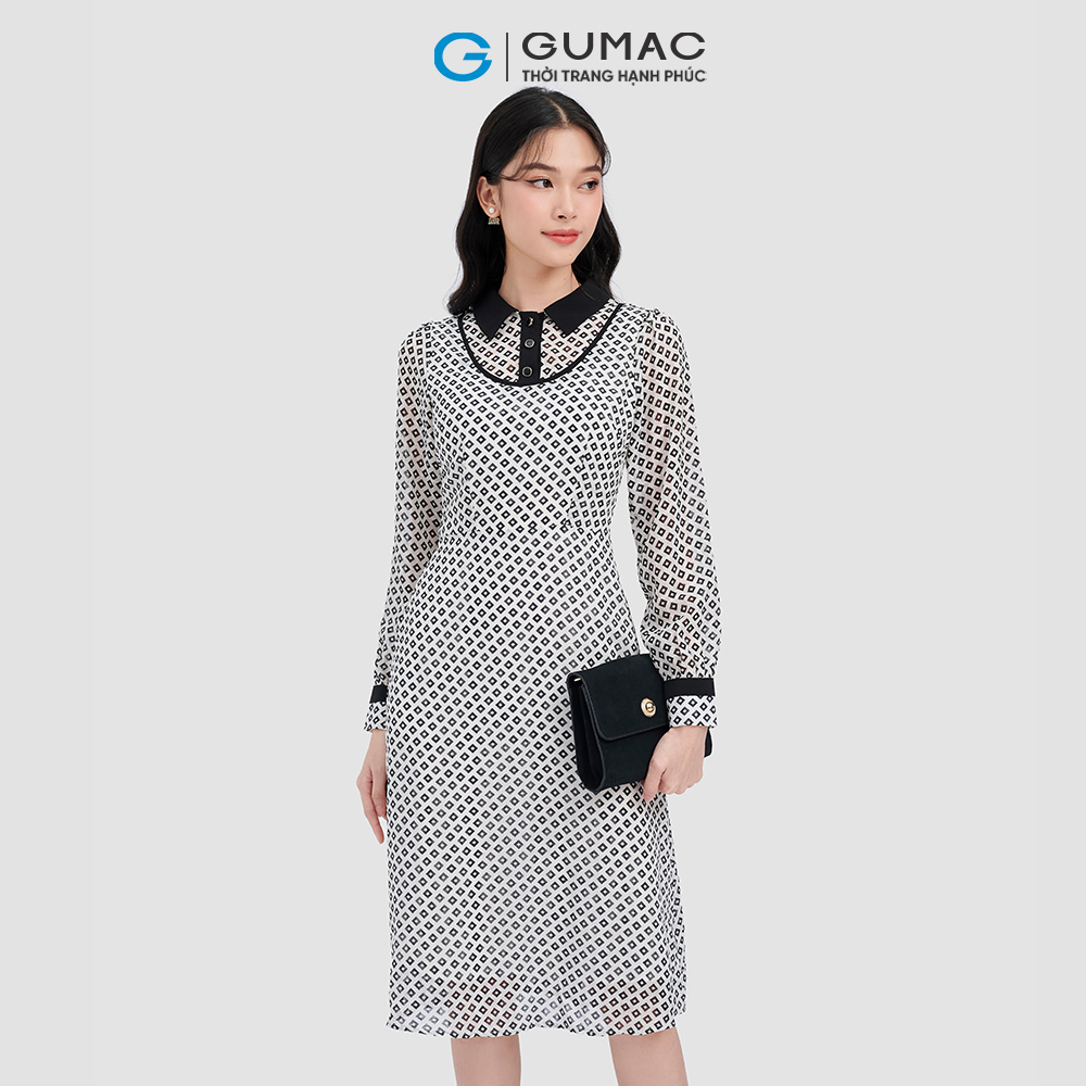 Đầm form A GUMAC DC09054 họa tiết phối cổ thời thượng