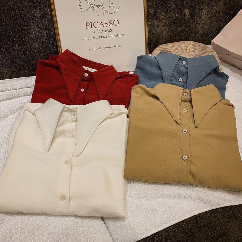 Áo sơ mi nữ tay dài màu trơn phong cách vintage