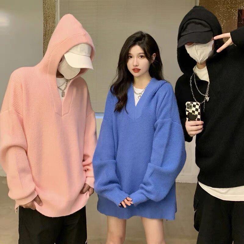Áo len có mũ dáng dài oversize màu hồng