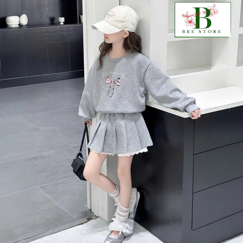 Set Váy Bé Gái Chất Nỉ Da Cá 4C Áo Form Rộng Nơ Mix Chân Váy Xếp Ly Viền Ren Từ 12-45KG Dành Cho Bé Gái