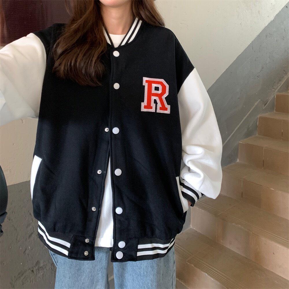 Áo khoác bomber phối tay họa tiết chữ R 2 màu xinh xắn - Moon Unisex