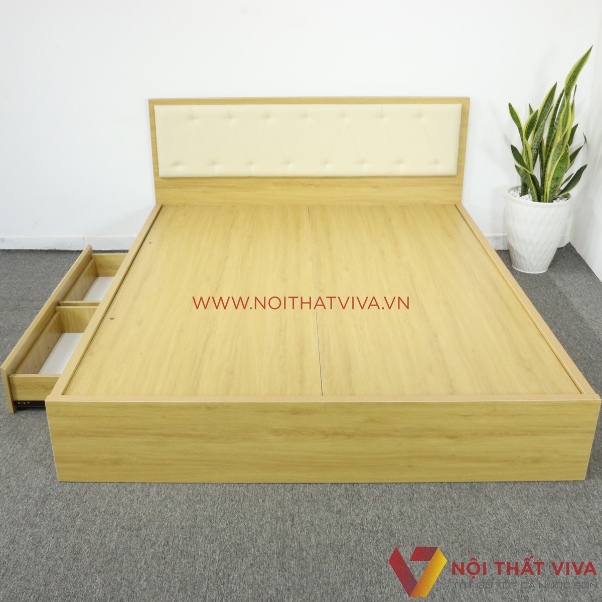 Giường Ngủ Gỗ MDF Melamine Màu Vàng Có Ngăn Kéo + Đầu Nệm Kem Đẹp