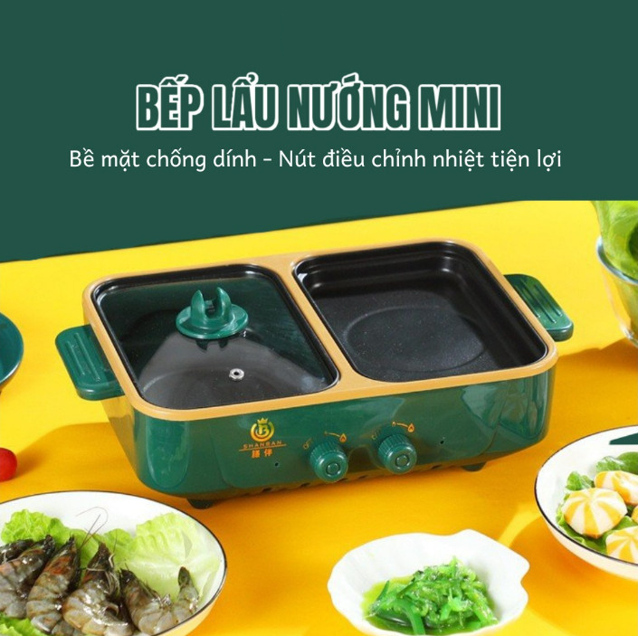 Bếp Lẩu, Nướng Mini 2 Ngăn SHABAN Cao Cấp 2 In 1 - Siêu Chống Dính, Đa Năng, Tiện Lợi