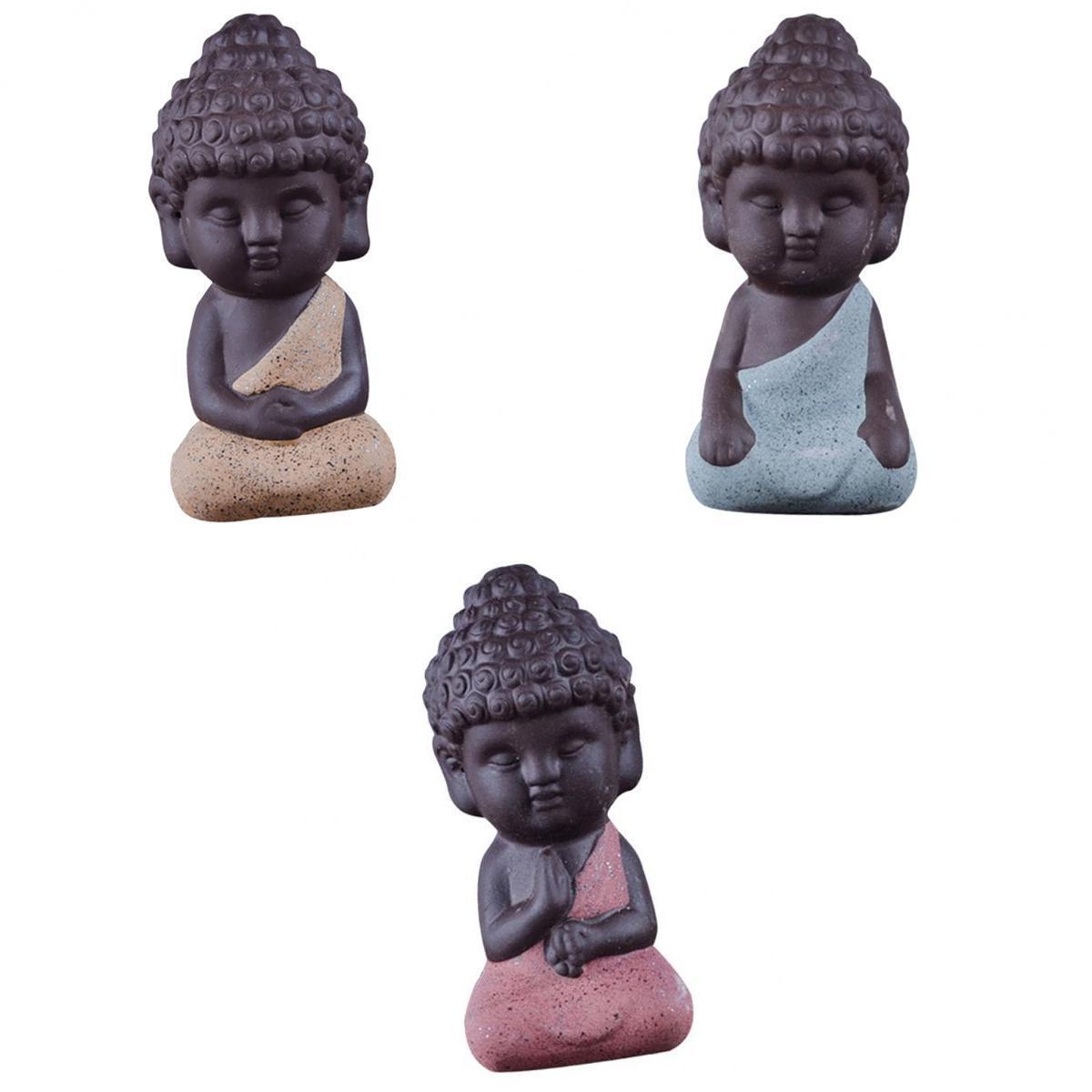 3Pcs Little Monk Buddha Ceramic Statues Holder Tea Pet Home Tea Tray Crafts